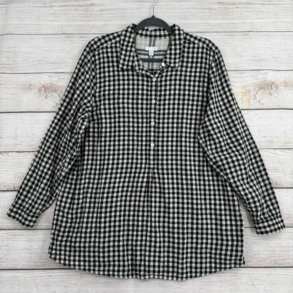 J. Jill Button Down Tunic Women XL Black White Gingham Cotton Long Sleeve